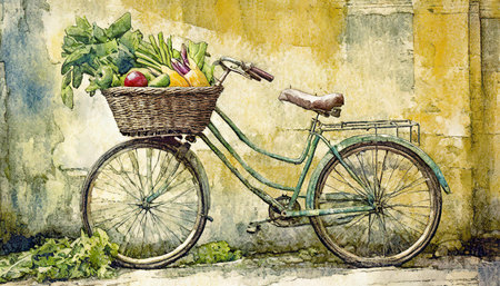 A watercolor painting of a bicycle with a basket full of vegetables. The bicycle is leaning against a wall, AI generated imageの写真素材