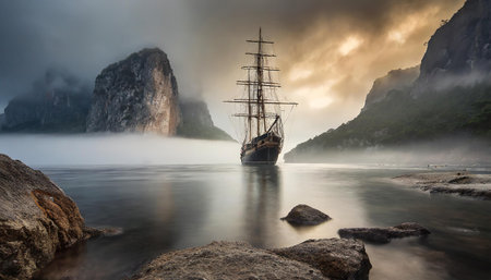 Sailing ship approach in front in mist amidst rocks, AI generated imageの写真素材