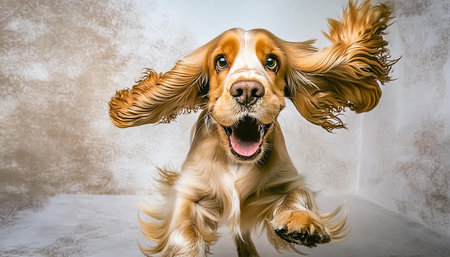 Happy and crazy young english cocker spaniel dog with long ears, AI generated imageの写真素材