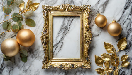 Ornate golden picture frame against marble background, AI generated imageの写真素材