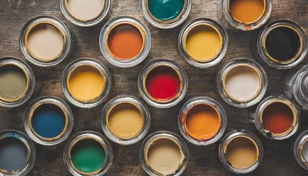 Flat lay image of variety of open oil paint cans in different colors on a blue background, AI generated imageの写真素材