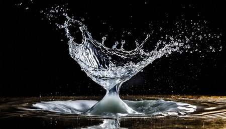 A dynamic and captivating splash of water beautifully suspended in motion against a dark background,...