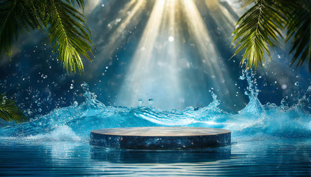 A lush tropical scene featuring a round platform surrounded by splashing ocean waves under the sunlight, framed by palm leaves in a dreamy, ethereal atmosphere.の写真素材