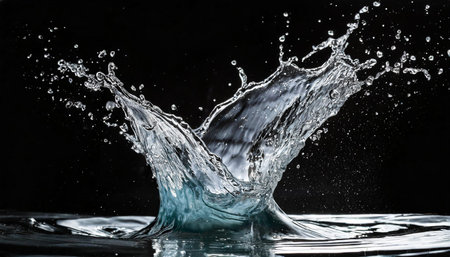 A dynamic and captivating splash of water beautifully suspended in motion against a dark background,...