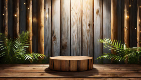 A circular wooden platform is illuminated by beams of sunlight casting dynamic shadows on a background of wooden walls, creating a serene rustic atmosphere.の写真素材