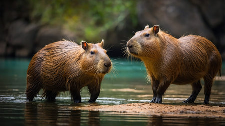 The image captures two capybaras standing in shallow water, highlighting their calm demeanor amid a...