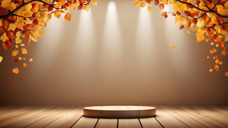 An elegant display podium is beautifully surrounded by warm autumn leaves, creating a cozy and inviting earthy ambiance. Perfect for showcasing products in a warm, seasonal setting with a charming autumn touch.の写真素材