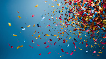 This image displays a vibrant explosion of colorful confetti strips captured in mid-air against a blue background. The dynamic motion and bright hues create a sense of celebration, joy, and festivity, making it visually striking.の写真素材
