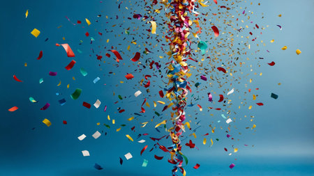 This image displays a vibrant explosion of colorful confetti strips captured in mid-air against a blue background. The dynamic motion and bright hues create a sense of celebration, joy, and festivity, making it visually striking.の写真素材