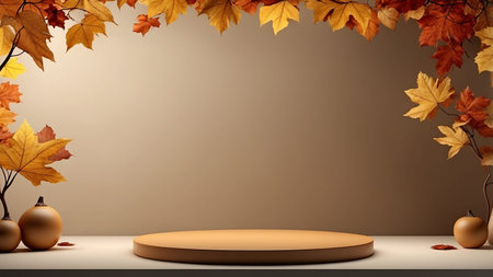 An elegant display podium is beautifully surrounded by warm autumn leaves, creating a cozy and inviting earthy ambiance. Perfect for showcasing products in a warm, seasonal setting with a charming autumn touch.の写真素材