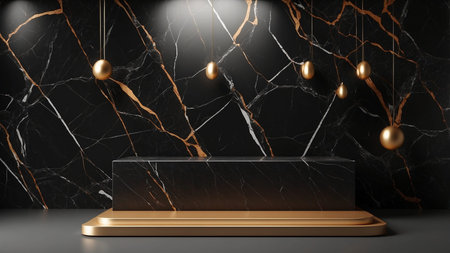 This image showcases an elegant black and gold marble stage illuminated by spotlights, flanked by two green plants. The design exudes a blend of modern sophistication and luxurious elements in a minimalist setting.の写真素材