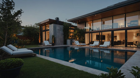 The image captures a modern, luxurious home with a large pool at dusk. Warm lighting highlights the...