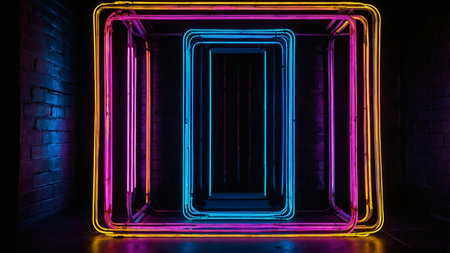 A vibrant and mesmerizing display of colorful neon rectangles interwoven in a concentric geometric pattern, set against a dark backdrop, creating a striking and modern visual effect that captivates the viewer's attention.の写真素材