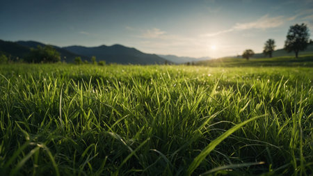This image captures a peaceful grassy field in the early evening, with the setting sun casting a golden glow over the lush green grass and trees, evoking feelings of serenity and natural beauty.の写真素材