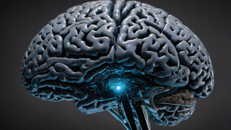 This image showcases a highly detailed 3D rendering of the human brain, highlighting its complex...