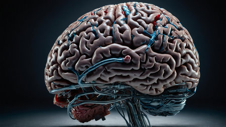 This image showcases a highly detailed 3D rendering of the human brain, highlighting its complex neural pathways. The background consists of a dark blue cosmic theme, emphasizing the brain's intricate network and vast capabilities.の写真素材
