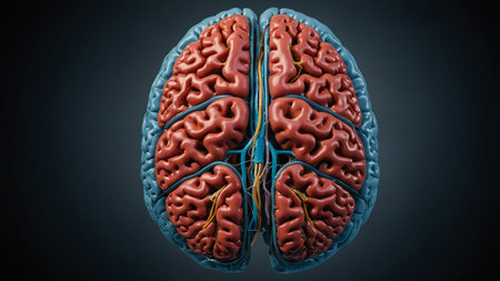 This image showcases a highly detailed 3D rendering of the human brain, highlighting its complex...