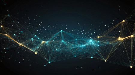 This image showcases an abstract digital network with interconnected nodes and lines, capturing the...