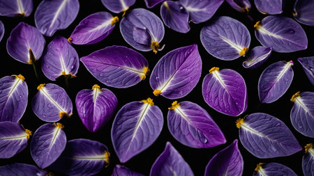 This image showcases multiple vibrant purple and violet leaves, each with yellow centers, arranged...