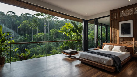 A spacious, modern living room with floor-to-ceiling windows offering a panoramic view of a vibrant,...