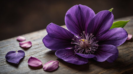 This image captures a stunning close-up of a vibrant purple flower placed on a rustic wooden surface. Arranged around the flower are a few scattered petals, enhancing the overall composition and drawing attention to the delicate beauty of nature's design.の写真素材
