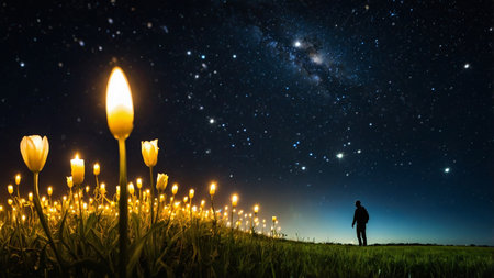 The image captures a solitary figure standing on a grassland under a stunning, star-filled night sky, with tulips glowing like candles, blending natural beauty and human wonder against a magnificent cosmic backdrop.の写真素材