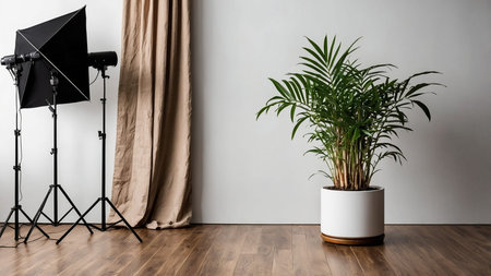 A contemporary studio setting featuring a large potted plant, professional photography lights,...