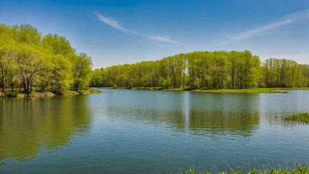 The image depicts a serene lakeside landscape with vibrant green trees reflecting in the calm water...
