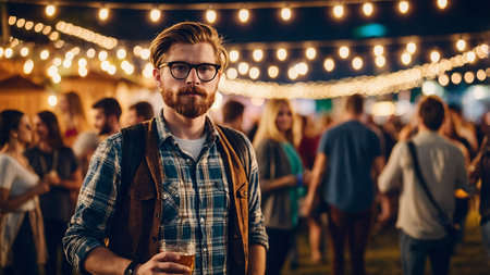 A man with a stylish beard and glasses stands in the foreground with a festival scene bustling with people and string lights illuminating the night in the background, evoking a vibrant and lively outdoor event atmosphere.の写真素材
