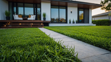 This image captures a modern luxury house with a spacious green garden and a sleek swimming pool,...