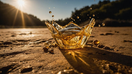 A stunning image of a glass bowl with golden liquid splashing, captured under the suns rays in a beautiful outdoor scene, showing both the motion and beauty of the sparkling liquid against natures backdrop.の写真素材