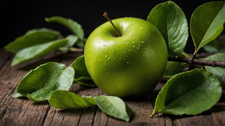 A vibrant green apple, adorned with glistening water droplets, is placed on a rustic wooden surface encircled by lush green leaves and branches, portraying freshness and nature's bounty in this beautiful still life photograph.の写真素材