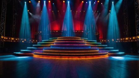 The image features a stage setup with three large screens at the center, projecting vibrant geometric patterns in various colors, with deep hues of blue, green, orange, and purple illuminated by bright stage lights.の写真素材