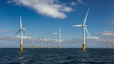An array of offshore wind turbines set in the ocean generating renewable energy under a clear blue...