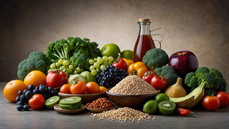 This image showcases an assortment of nutritious foods, including fruits, vegetables, grains, and...