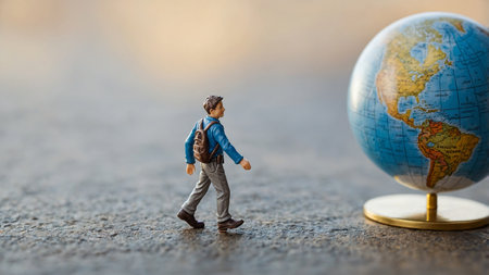A small figure of a traveler equipped with a backpack strides towards a globe, symbolizing exploration and the spirit of adventure, captured on a paved ground reflecting the golden hues of sunlight, exuding a sense of journey and discovery.の写真素材