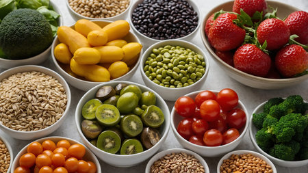This image showcases an assortment of nutritious foods, including fruits, vegetables, grains, and...