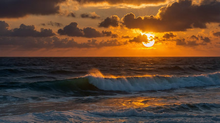 This breathtaking image captures a tranquil beach at sunset, with the sun's golden rays reflecting...