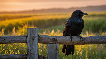 This stunning image captures a regal black crow perched gracefully on a rustic wooden fence as the sun sets, casting a warm golden glow over an expansive field, blending natural beauty with a serene, tranquil moment.の写真素材