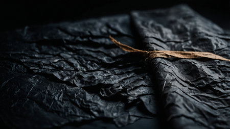The image shows a close-up view of a black paper background, uniquely textured with numerous crinkles and creases, creating a visually intriguing abstract surface. The monochromatic theme adds an element of mystery and depth.の写真素材