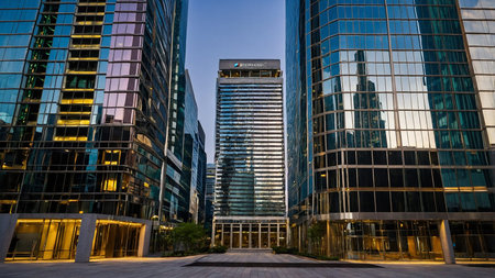 A picturesque scene of modern skyscrapers with reflective glass surfaces surrounding an open plaza,...