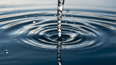 This image captures the delicate moment of a single water droplet impacting a calm water surface,...
