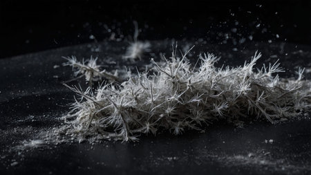 This image displays abstract white feather-like structures against a dark background, highlighting...