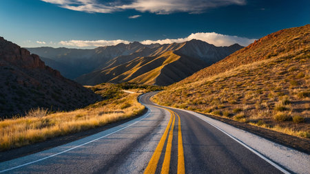 The image captures a stunning sunset over an open highway that runs through rolling mountains, with...