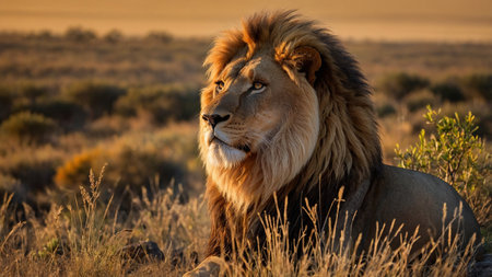 A powerful male lion, the king of the savannah, stands tall with a magnificent, golden mane, staring intently ahead, surrounded by the dry, golden grass of the African wilderness, embodying strength and royalty.の写真素材