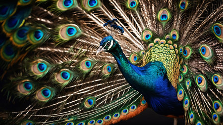 This image captures a magnificent peacock with its vibrant blue and green feathers fully fanned out,...
