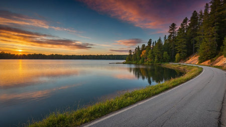 A serene sunset over a calm lake with a winding road beside it and a dense forest in the background, casting vibrant reflections on the water. The skies are painted with hues of orange, pink, and purple, creating a breathtaking scene.の写真素材