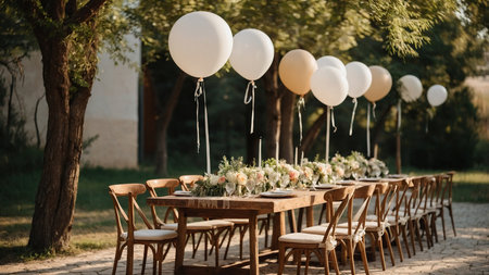 The image showcases a beautifully arranged outdoor dining table set up under the shade of trees, adorned with a floral centerpiece and surrounded by chairs, with colorful balloons hanging above in a serene natural setting.の写真素材