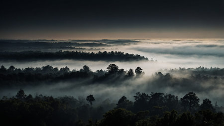 This captivating image depicts mist-covered hills enveloped by dense forests with soft, ambient...