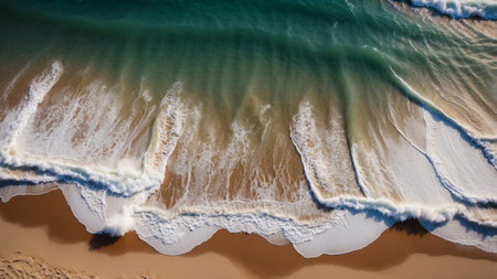 This image captures an aerial perspective of dynamic ocean waves crashing onto a pristine sandy...